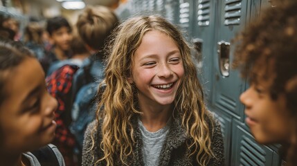 Diverse group of kids laughing together in the school hallway near the lockers