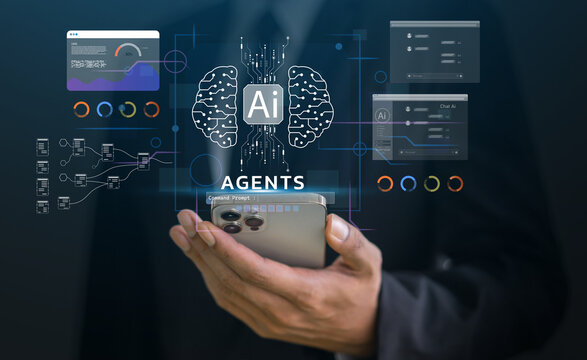 Ai agent system, future of AI automation in enterprise, people with artificial intelligence innovation, data analytics and development, smart technology, digital transformation and business automation