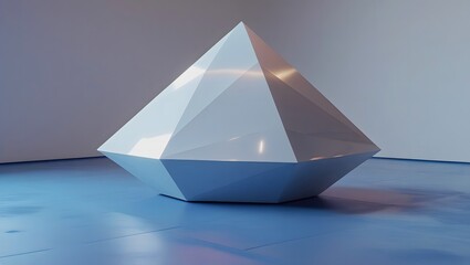 Hyper-Realistic 3D White Geometric Sculpture on Blue Matte Floor – Minimalist Abstract Modern Art Design with Crisp Faceted Geometry.