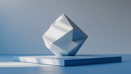 Hyper-Realistic 3D White Geometric Sculpture on Blue Matte Floor – Minimalist Abstract Modern Art Design with Crisp Faceted Geometry.