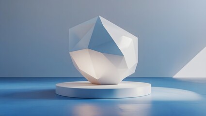 Hyper-Realistic 3D White Geometric Sculpture on Blue Matte Floor – Minimalist Abstract Modern Art Design with Crisp Faceted Geometry.