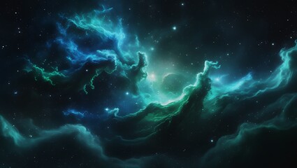 Vast Blue Green Cosmic Nebula with Stars and Galaxies – Hyper-Realistic 8K Space Scene, Majestic Sci-Fi Astronomy Fantasy Artwork.