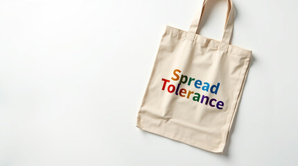 A beige tote bag with the words spread tolerance written in rainbow colors, isolated on white background, promoting equality, diversity, and inclusion through a simple yet powerful message