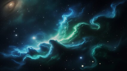 Vast Blue Green Cosmic Nebula with Stars and Galaxies – Hyper-Realistic 8K Space Scene, Majestic Sci-Fi Astronomy Fantasy Artwork.