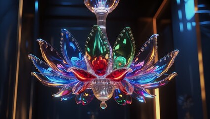 Iridescent Glass Flower Chandelier with Vibrant Blue, Green, Red Petals – Luxurious Lighting, Elegant Interior Design Visualization.