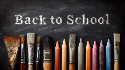 Art brushes and crayons against a chalkboard texture backdrop, "Back to School" text  above