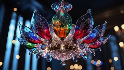Iridescent Glass Flower Chandelier with Vibrant Blue, Green, Red Petals – Luxurious Lighting, Elegant Interior Design Visualization.