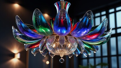 Iridescent Glass Flower Chandelier with Vibrant Blue, Green, Red Petals – Luxurious Lighting, Elegant Interior Design Visualization.