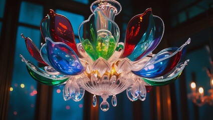 Iridescent Glass Flower Chandelier with Vibrant Blue, Green, Red Petals – Luxurious Lighting, Elegant Interior Design Visualization.
