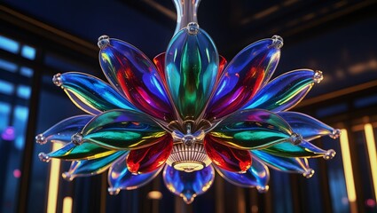 Iridescent Glass Flower Chandelier with Vibrant Blue, Green, Red Petals – Luxurious Lighting, Elegant Interior Design Visualization.
