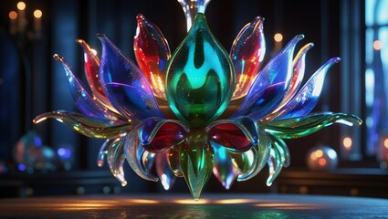 Iridescent Glass Flower Chandelier with Vibrant Blue, Green, Red Petals – Luxurious Lighting, Elegant Interior Design Visualization.
