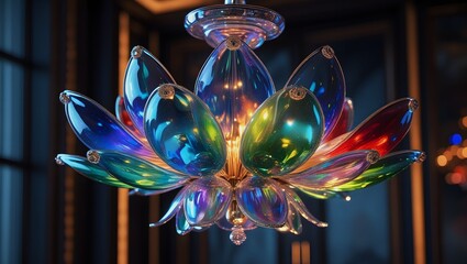Iridescent Glass Flower Chandelier with Vibrant Blue, Green, Red Petals – Luxurious Lighting, Elegant Interior Design Visualization.