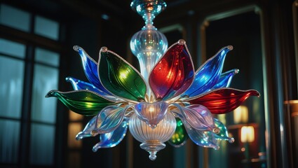 Iridescent Glass Flower Chandelier with Vibrant Blue, Green, Red Petals – Luxurious Lighting, Elegant Interior Design Visualization.