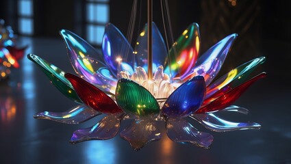 Iridescent Glass Flower Chandelier with Vibrant Blue, Green, Red Petals – Luxurious Lighting, Elegant Interior Design Visualization.