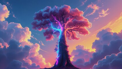 Neon Glowing Tree Illustration at Sunset on White Background – Futuristic Vibrant Fantasy Art with Radiant Colors and Dreamlike Mood.