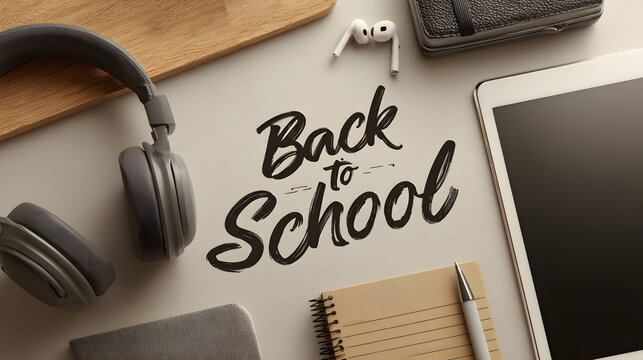 "Back to School" text overlay on a desk surrounded by headphones, a notebook, a pen, earphones, and a tablet.