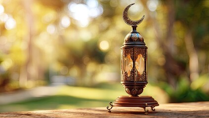 Ornate lantern, crescent moon finial, outdoor setting
