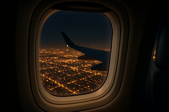 Airplane window view of city lights at night