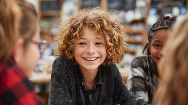 Group of diverse kids sharing a laugh at school cafeteria - Powered by Adobe