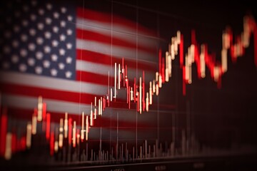 A stock market graph with an American flag waving in the background, indicating strong red or blue on a dark background. 