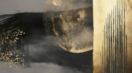 A modern abstract design featuring bold, textured brushstrokes and a contrasting interplay of dark grey, black, and gold accents.