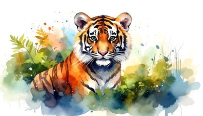 A captivating watercolor portrait of a playful young tiger amidst vibrant foliage.