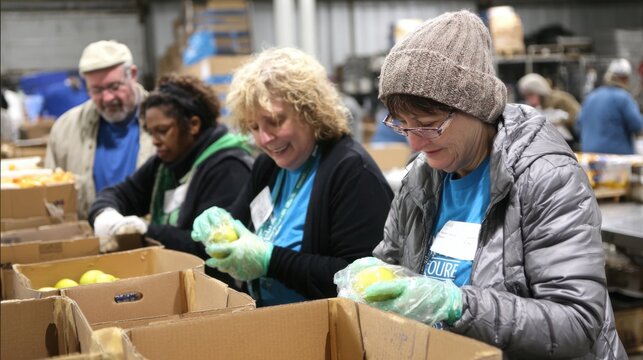 A group of volunteers is actively sorting fresh lemons and limes into boxes at a food bank. They are smiling and wearing warm clothing as they work together to support the community