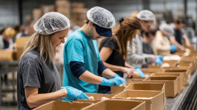 Groups of volunteers are engaged in packing food items into cardboard boxes for community distribution in a busy warehouse setting. The atmosphere is focused and collaborative - Powered by Adobe