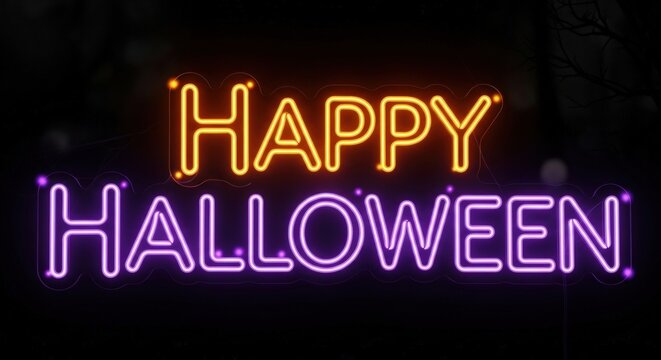 Celebrate spooky season with this vibrant neon sign wishing everyone Happy Halloween