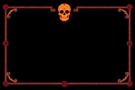 Decorative sugar skull frame with folk art elements border on black background for Dia de los Muertos celebration.