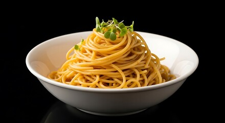 Golden Spaghetti Dish with Microgreens.