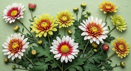 Artistic Botanical Still Life of Chrysanthemum Flower Arrangement on Green Texture