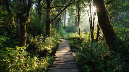 A wooden walkway winds through a vibrant green forest, illuminated by soft morning sunlight. Towering trees and lush ferns create a tranquil atmosphere for outdoor enthusiasts