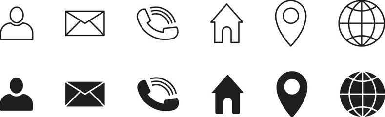 Contact Icons Set - Phone, Email, Location, Web, User, Home Symbols Vector.