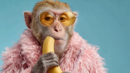 A playful monkey wears a fluffy pink coat and yellow sunglasses while munching on a banana against a vibrant blue background. The scene is full of fun and personality