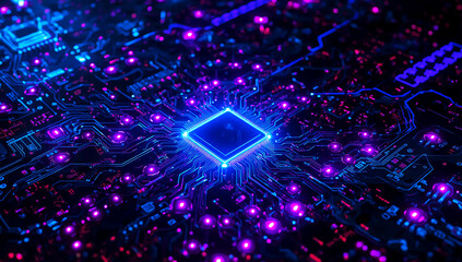 High tech grid glowing with blue and purple neon lights futuristic digital interface background cyber abstract design