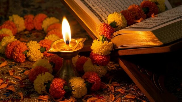 Indian eid milad un nabi celebration sacred illuminated diya holy book and vibrant marigold garlands reflecting cultural devotion