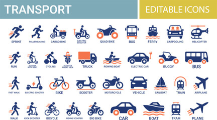 Fototapeta premium Transport icon set. Containing car, bike, plane, train, electric car, run, sprint, plane, fast wark, bicycle, motorbike, bus and scooter icons. Solid icon collection.