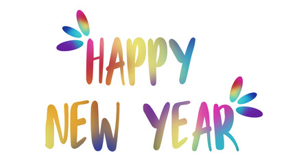 Colorful Gradient Happy New Year Greeting with Festive Design Elements on Transparent Background