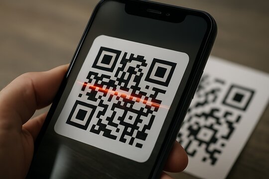 Scanning a qr code on a smartphone with a red laser line - Powered by Adobe