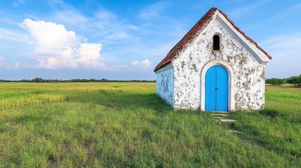 Obraz premium Abandoned Chapel Surrounded by Lush Green Grass Under Blue Sky
