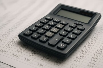 Black calculator resting on a sheet of paper with numbers