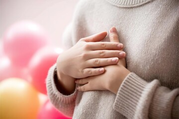 person hold chest with pink balloon. Gentle and sentimental emotion