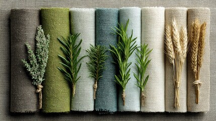 Rolled fabric swatches in nature-inspired hues, adorned with sprigs of herbs and wheat