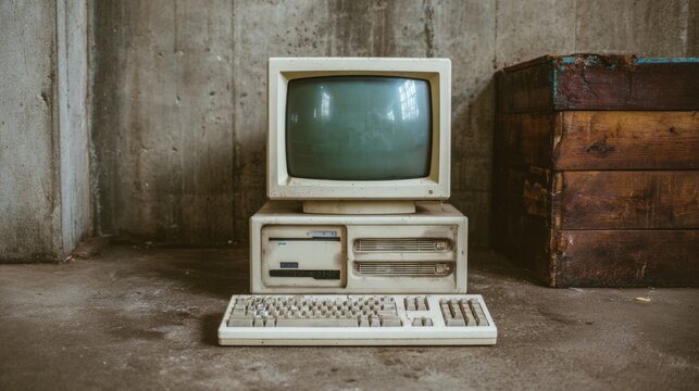 An old computer with a CRT monitor, keyboard, and tower rests on a concrete floor. The setting is a dim industrial area with exposed walls and wooden crates nearby
