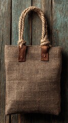 Rustic tote bag with rope handles and leather accents, hanging against weathered wood