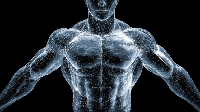 A striking representation of a muscular human form, highlighted by a luminous wireframe design that emphasizes strength and vitality. The dark background enhances the figure's prominence