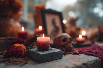Candle light on altar. Day of the Dead traditions. Authentic Mexican Dia de Muertos offering for ancestors. Traditional spirituality.
