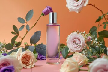 A glass perfume bottle sits amongst a delicate arrangement of roses and eucalyptus leaves, evoking a serene and floral aesthetic.