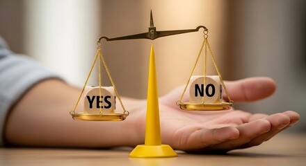 Decision-making concept with scales, Yes and No cubes, weighing choices, weighing pros and cons